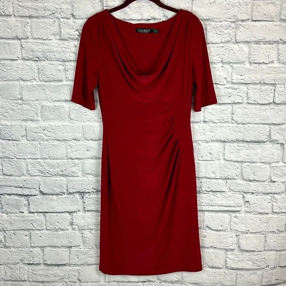 Lauren Ralph Lauren Red Drape Neck Fitted Dress Size 6